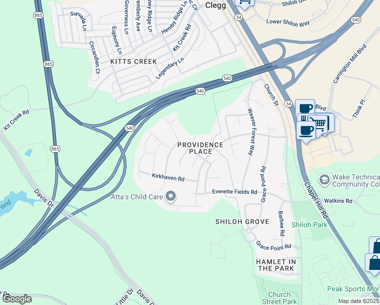 map of restaurants, bars, coffee shops, grocery stores, and more near 3001 Homebrook Lane in Morrisville