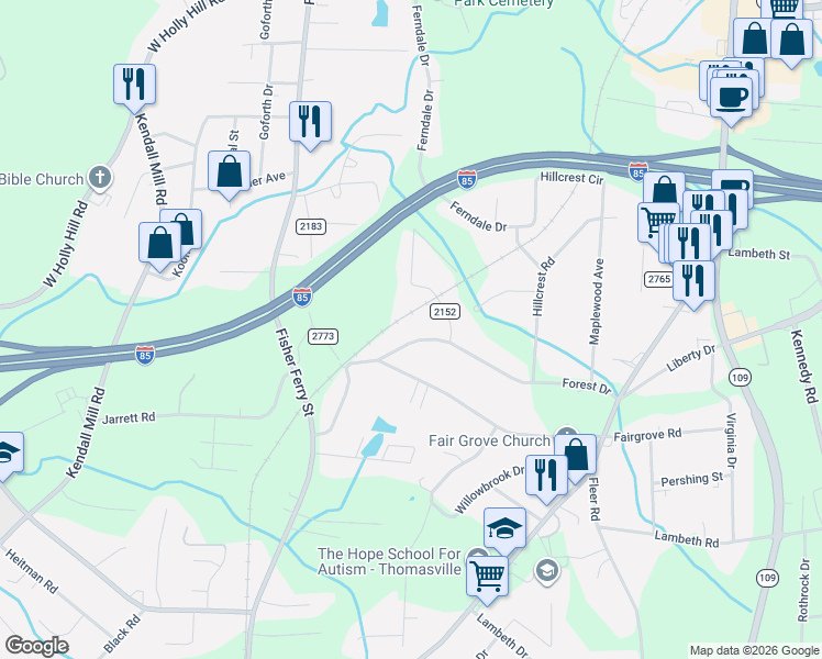 map of restaurants, bars, coffee shops, grocery stores, and more near 208 Forest Drive in Thomasville