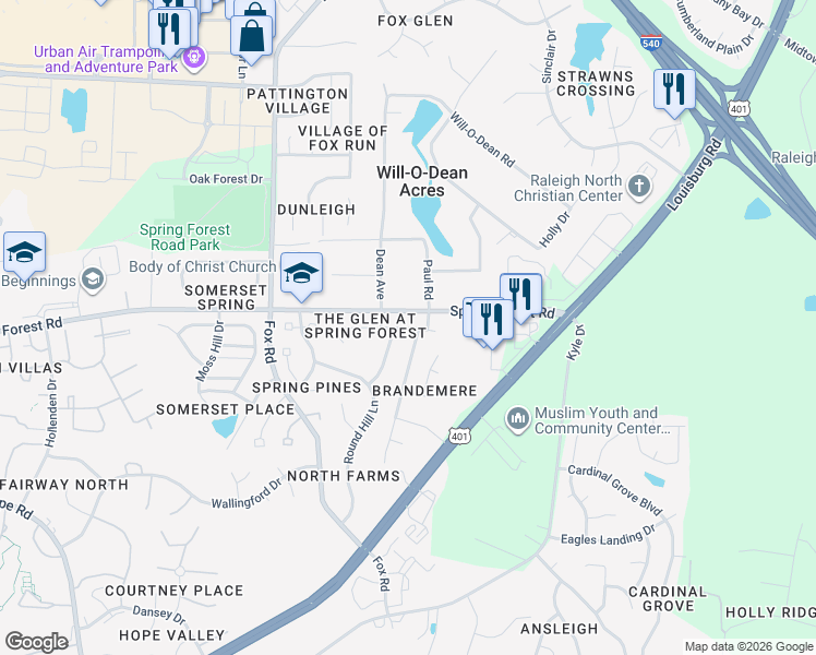 map of restaurants, bars, coffee shops, grocery stores, and more near 5900 Spring Glen Lane in Raleigh