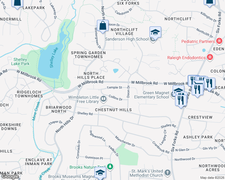 map of restaurants, bars, coffee shops, grocery stores, and more near 1000 Temple Street in Raleigh