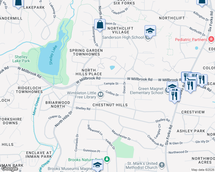 map of restaurants, bars, coffee shops, grocery stores, and more near 1000 Temple Street in Raleigh