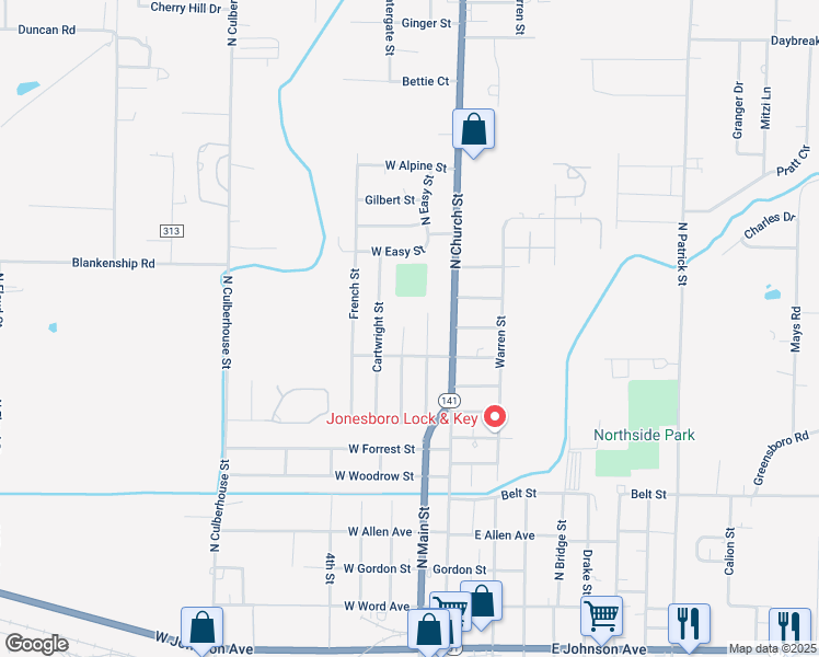 map of restaurants, bars, coffee shops, grocery stores, and more near 1215 North Main Street in Jonesboro