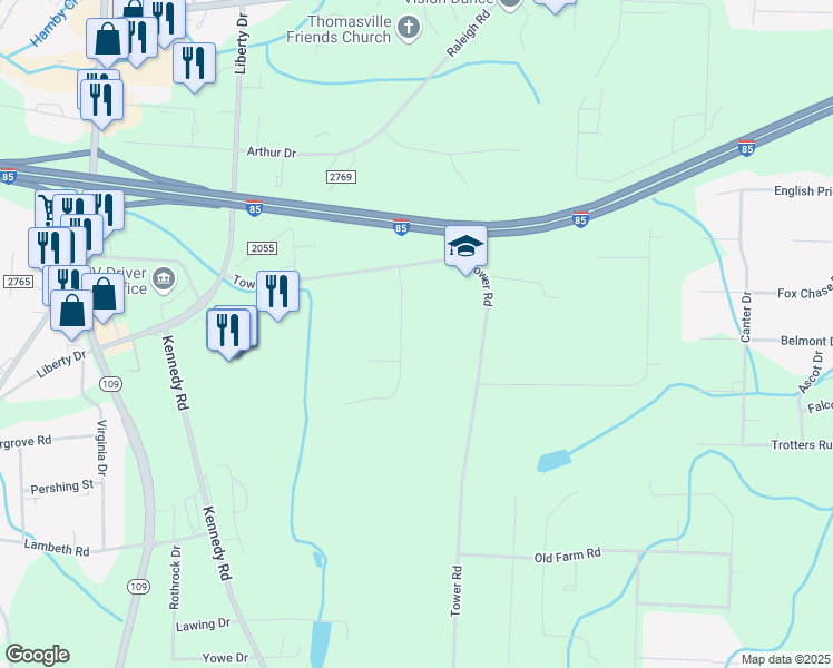 map of restaurants, bars, coffee shops, grocery stores, and more near 243 Quail Lane in Thomasville