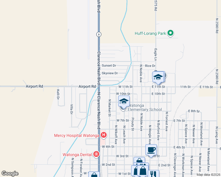 map of restaurants, bars, coffee shops, grocery stores, and more near 506 Northampton Drive in Watonga