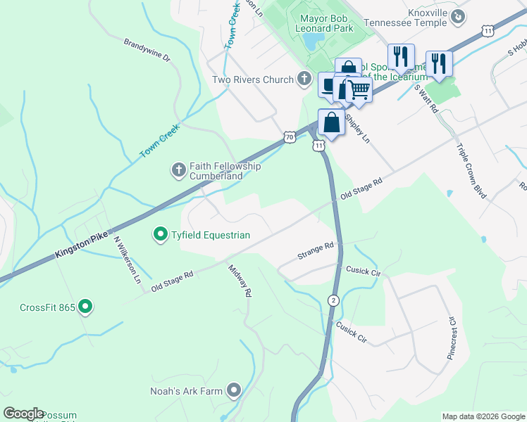 map of restaurants, bars, coffee shops, grocery stores, and more near 1467 Stonebrook Lane in Lenoir City