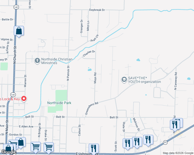 map of restaurants, bars, coffee shops, grocery stores, and more near 1001 Mays Road in Jonesboro
