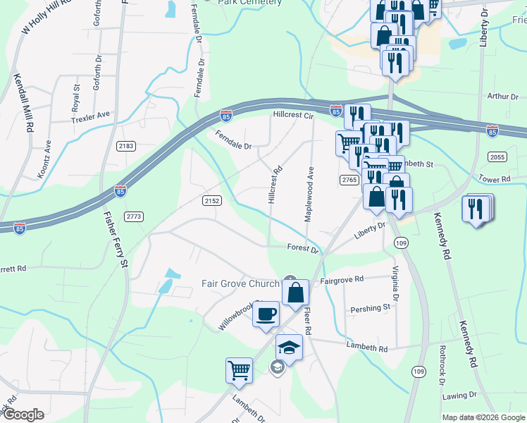 map of restaurants, bars, coffee shops, grocery stores, and more near 119 Hillcrest Road in Thomasville