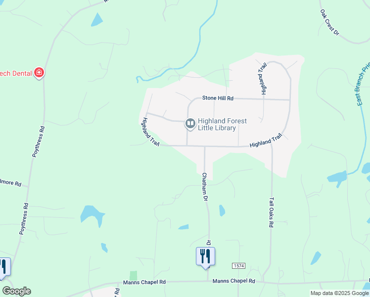 map of restaurants, bars, coffee shops, grocery stores, and more near 306 Highland Trail in Chapel Hill