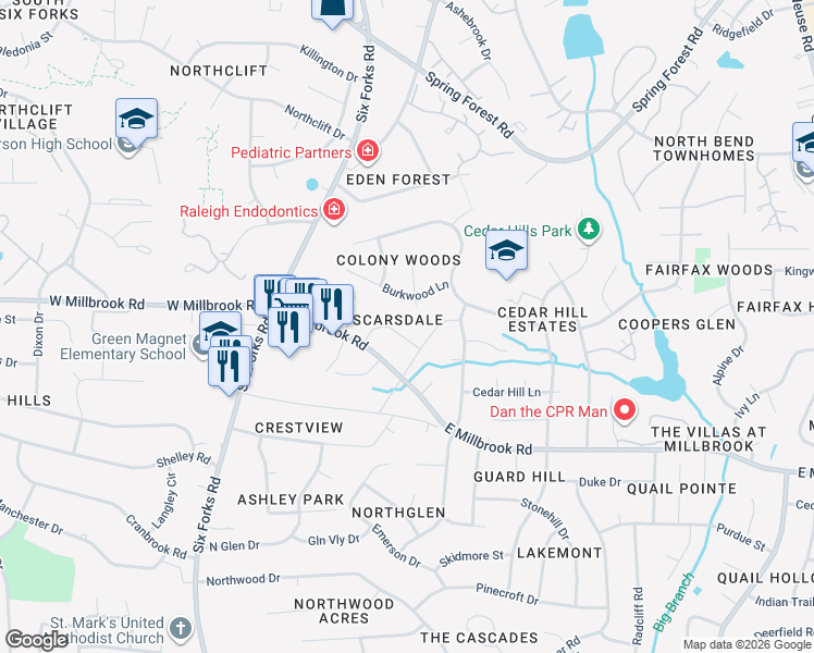map of restaurants, bars, coffee shops, grocery stores, and more near 5501 Kellwood Court in Raleigh