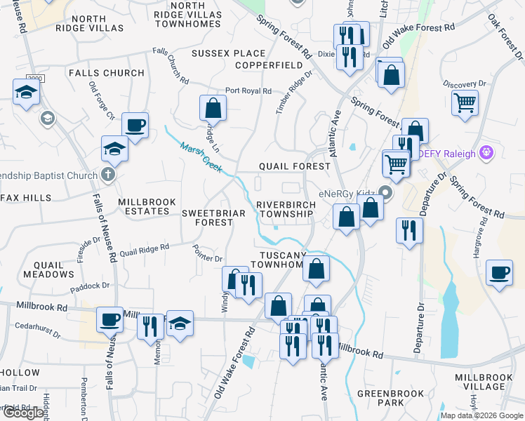 map of restaurants, bars, coffee shops, grocery stores, and more near 1732 Township Circle in Raleigh