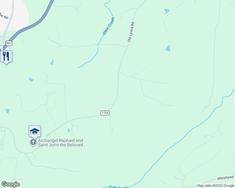 map of restaurants, bars, coffee shops, grocery stores, and more near 1366 Old Lystra Road in Chapel Hill