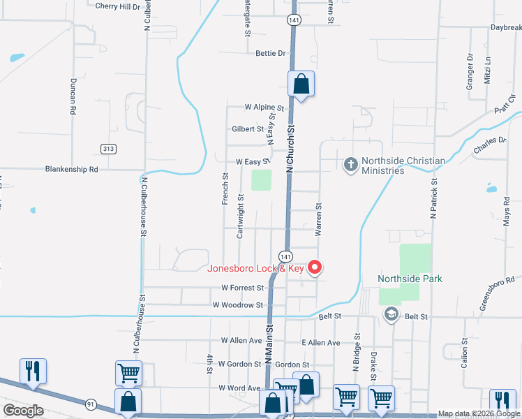 map of restaurants, bars, coffee shops, grocery stores, and more near 1215 North Main Street in Jonesboro