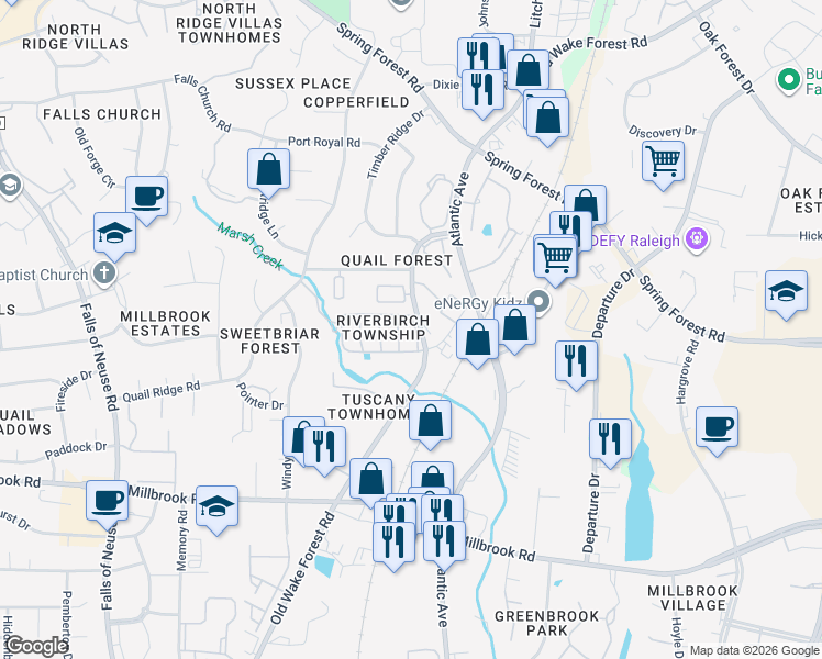 map of restaurants, bars, coffee shops, grocery stores, and more near 2037 Wispy Willow Lane in Raleigh