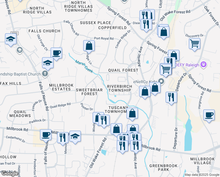 map of restaurants, bars, coffee shops, grocery stores, and more near 1732 Township Circle in Raleigh