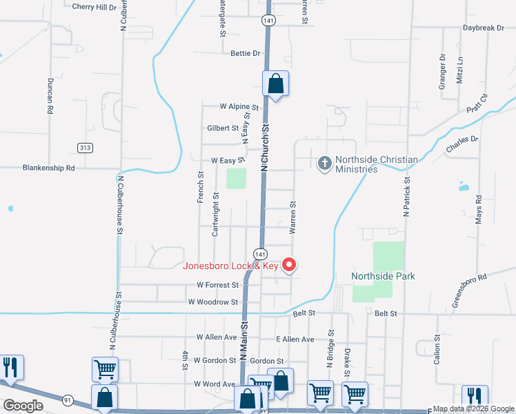 map of restaurants, bars, coffee shops, grocery stores, and more near 1215 North Church Street in Jonesboro