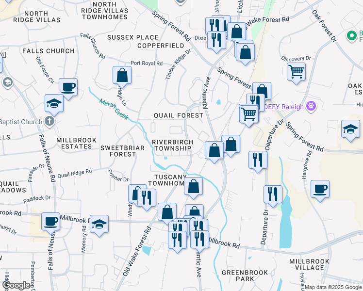 map of restaurants, bars, coffee shops, grocery stores, and more near 5634 Bridgetowne Way in Raleigh