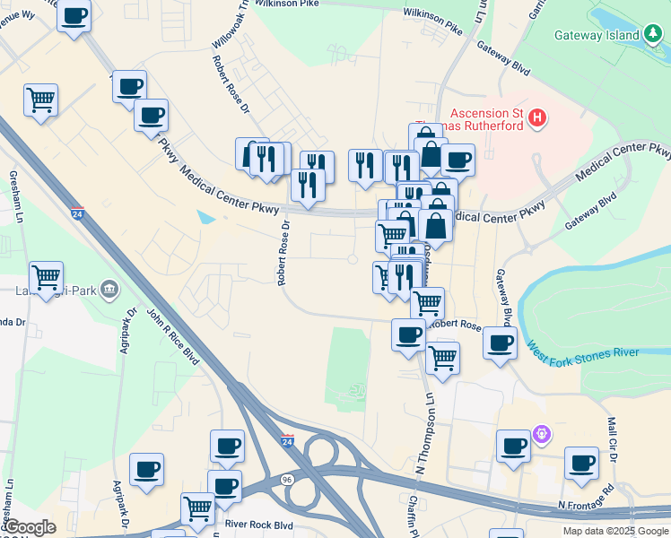 map of restaurants, bars, coffee shops, grocery stores, and more near 2108 Lothric Way in Murfreesboro