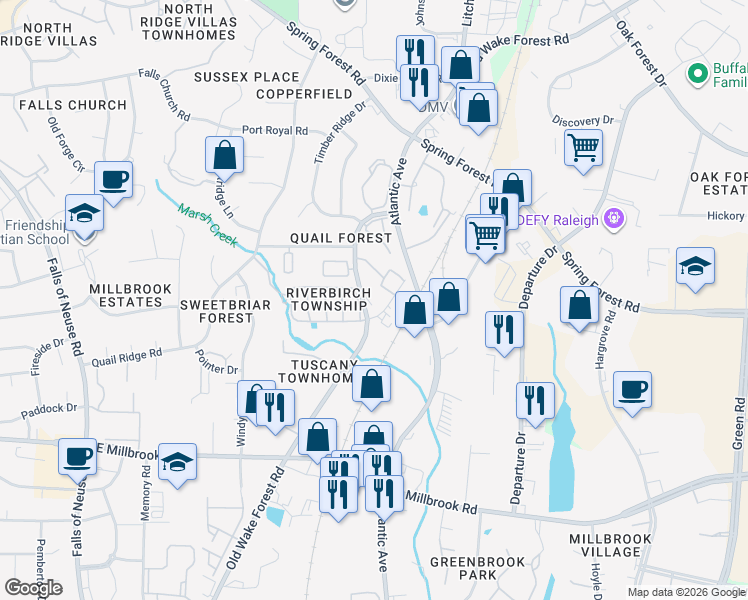map of restaurants, bars, coffee shops, grocery stores, and more near 5615 Old Wake Forest Road in Raleigh