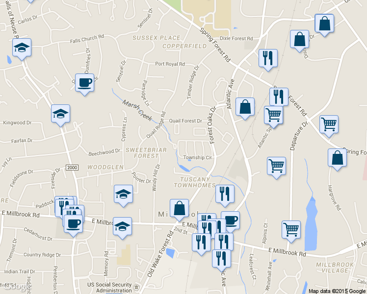 map of restaurants, bars, coffee shops, grocery stores, and more near 1906 Township Circle in Raleigh