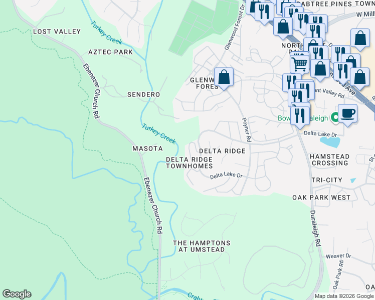 map of restaurants, bars, coffee shops, grocery stores, and more near 5001 Echo Ridge Road in Raleigh