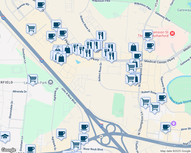 map of restaurants, bars, coffee shops, grocery stores, and more near 915 Robert Rose Drive in Murfreesboro
