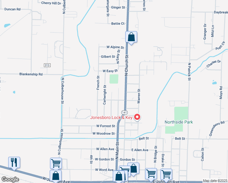 map of restaurants, bars, coffee shops, grocery stores, and more near 1215 North Main Street in Jonesboro