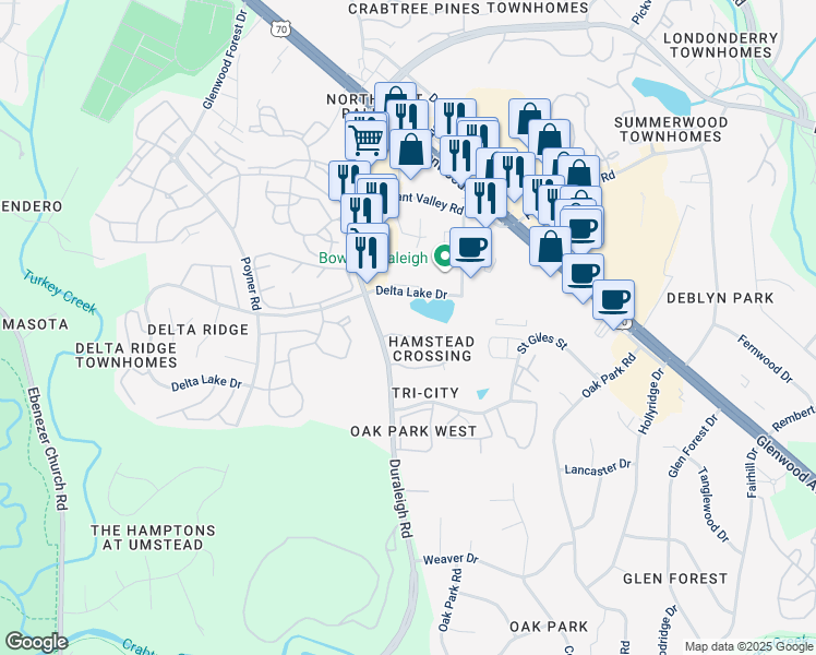 map of restaurants, bars, coffee shops, grocery stores, and more near 5652 Hamstead Crossing in Raleigh