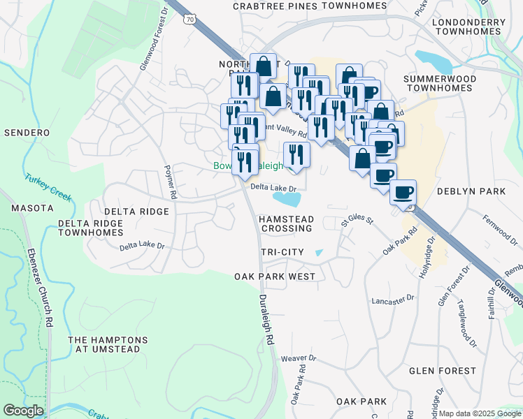 map of restaurants, bars, coffee shops, grocery stores, and more near 5668 Hamstead Crossing in Raleigh