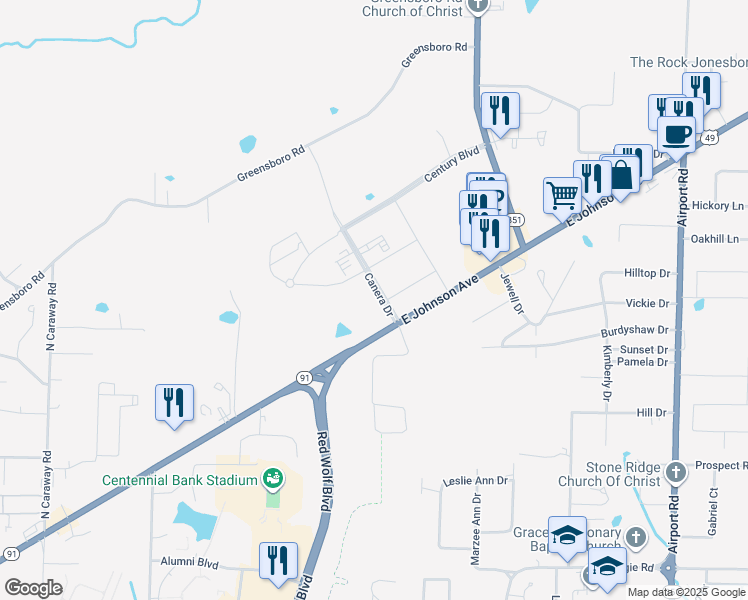 map of restaurants, bars, coffee shops, grocery stores, and more near 1001 Canera Drive in Jonesboro