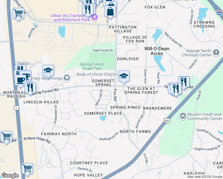 map of restaurants, bars, coffee shops, grocery stores, and more near 4425 Moss Spring Drive in Raleigh