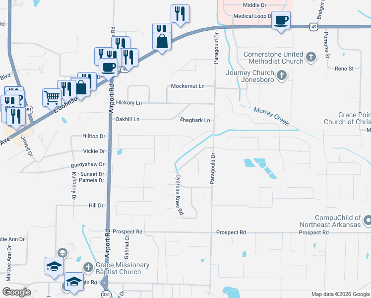 map of restaurants, bars, coffee shops, grocery stores, and more near 4316 Cypress Springs Rd in Jonesboro