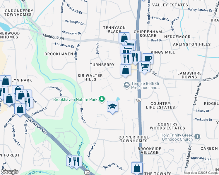 map of restaurants, bars, coffee shops, grocery stores, and more near 5609 Crooked Stick Trail in Raleigh
