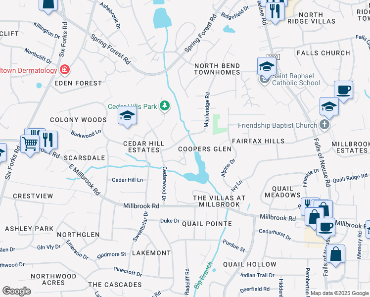 map of restaurants, bars, coffee shops, grocery stores, and more near 611 Pine Ridge Place in Raleigh
