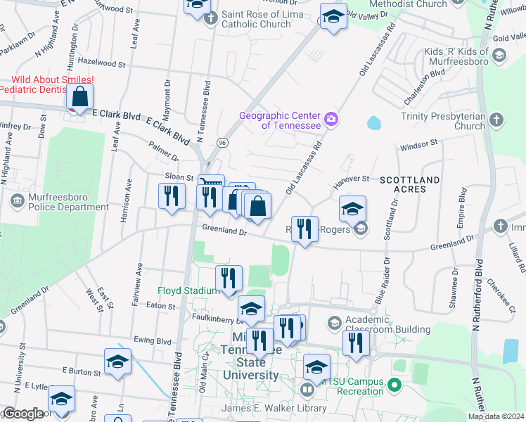 map of restaurants, bars, coffee shops, grocery stores, and more near 1015 Old Lascassas Road in Murfreesboro