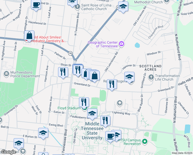 map of restaurants, bars, coffee shops, grocery stores, and more near 1015 Old Lascassas Road in Murfreesboro
