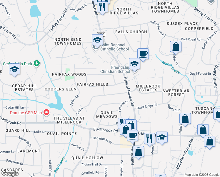 map of restaurants, bars, coffee shops, grocery stores, and more near 1304 Fairfax Drive in Raleigh
