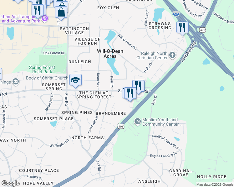 map of restaurants, bars, coffee shops, grocery stores, and more near 4905 Spring Forest Road in Raleigh