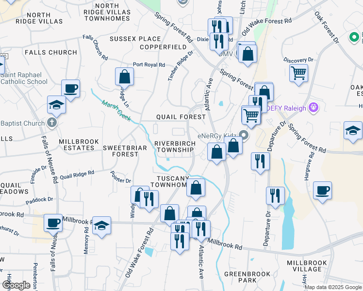 map of restaurants, bars, coffee shops, grocery stores, and more near 1607 Township Circle in Raleigh