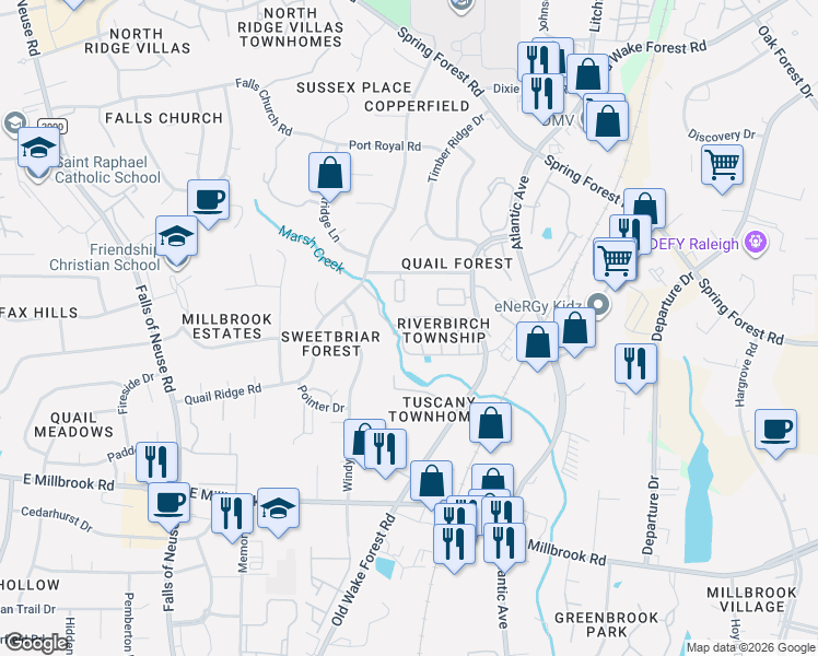 map of restaurants, bars, coffee shops, grocery stores, and more near 2020 Quail Forest Drive in Raleigh