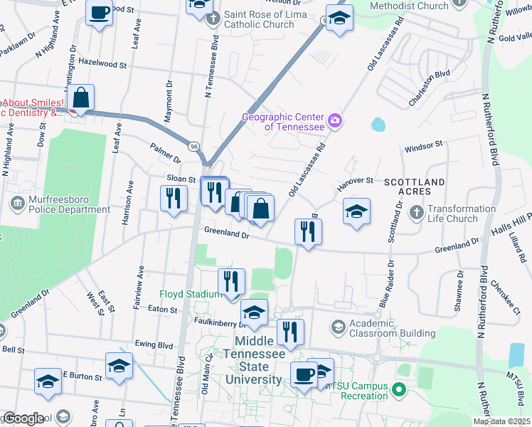 map of restaurants, bars, coffee shops, grocery stores, and more near 1015 Old Lascassas Road in Murfreesboro
