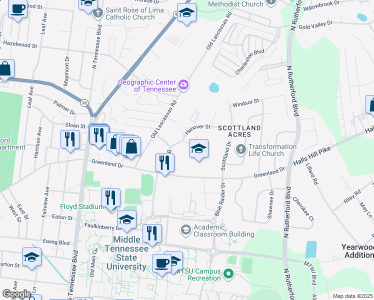 map of restaurants, bars, coffee shops, grocery stores, and more near 1738 Hanover Street in Murfreesboro
