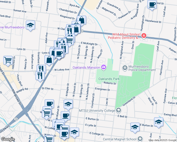 map of restaurants, bars, coffee shops, grocery stores, and more near 837 North Academy Street in Murfreesboro
