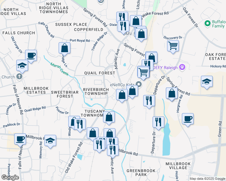 map of restaurants, bars, coffee shops, grocery stores, and more near 5601 Old Wake Forest Road in Raleigh
