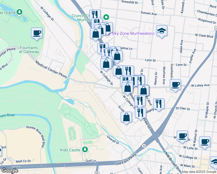map of restaurants, bars, coffee shops, grocery stores, and more near 1077 Medical Center Parkway in Murfreesboro