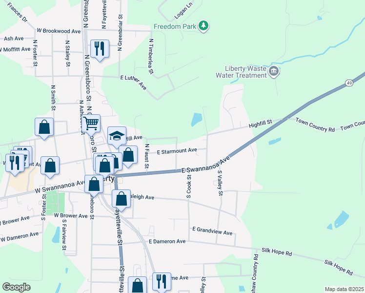 map of restaurants, bars, coffee shops, grocery stores, and more near 413E East Starmount Avenue in Liberty