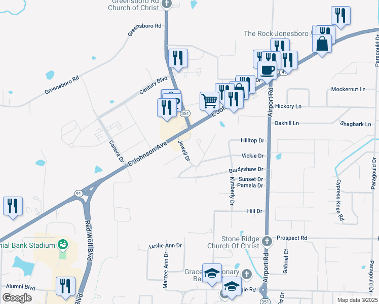 map of restaurants, bars, coffee shops, grocery stores, and more near 1206a Jewell Drive in Jonesboro
