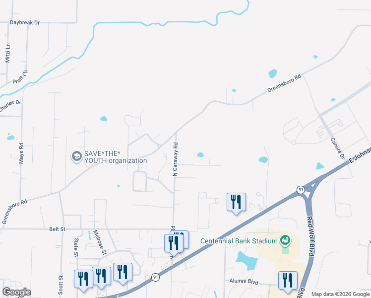 map of restaurants, bars, coffee shops, grocery stores, and more near 1000 North Caraway Road in Jonesboro