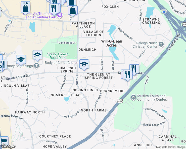 map of restaurants, bars, coffee shops, grocery stores, and more near 5713 Spring Glen Lane in Raleigh