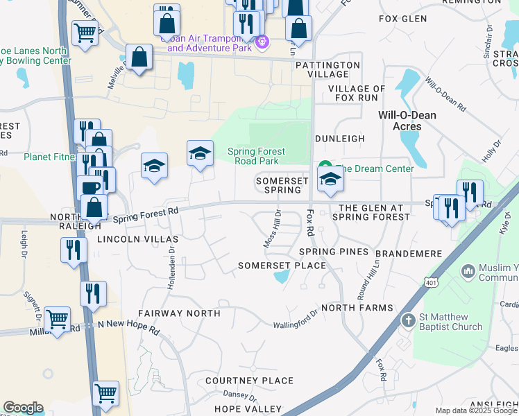 map of restaurants, bars, coffee shops, grocery stores, and more near 4313 Moss Spring Drive in Raleigh