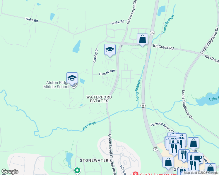 map of restaurants, bars, coffee shops, grocery stores, and more near 1308 Alston Landing Way in Cary